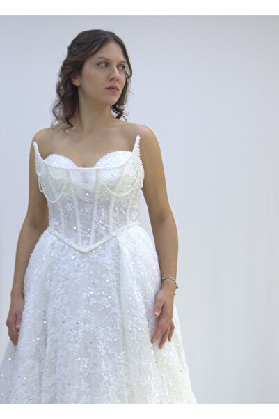 ÇİSEM MODA İNCİLİ IŞILTILI KORSE DETAYLI GELİNLİK