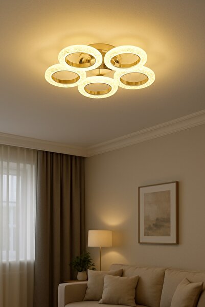 ÖZÇELİKLER Lüks Gold Kristal Görünümlü Halkalı LED 6'lı Modern Tavan Aydınlatması 3 Renk