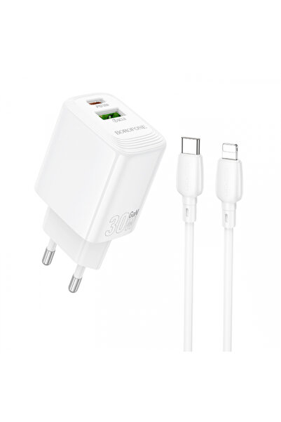 Apple Borofone BN29 Fuente Power Adapter with Lightning Cable, 30W, 3A, 1 x USB-A - 1 x USB-C, White