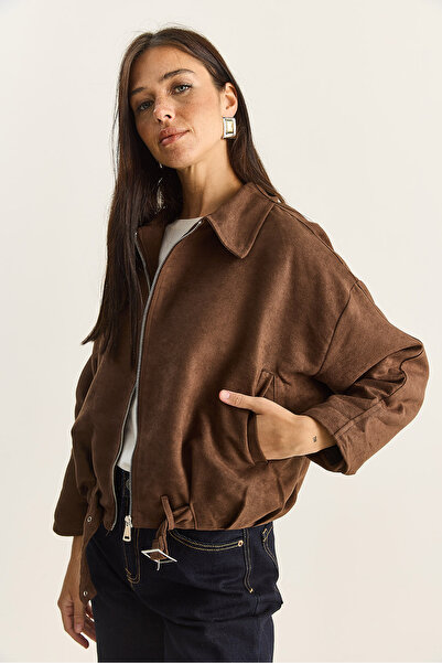 Bianco Lucci Women's Oversized Buckle Lined Suede Bomber Jacket 2789 60281130