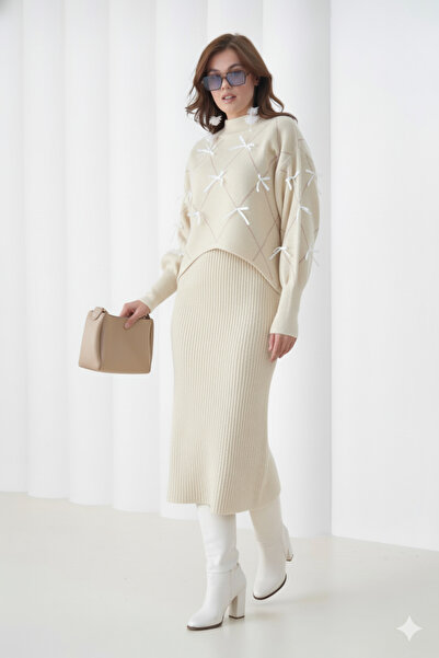 HayalGecesi Women's Knitwear 2-Piece Bow Set with Dress