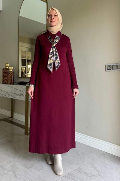 Rabia Şamlı Şölen Scarf Knitwear Dress Burgundy