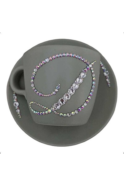 by Alexandra Vacarusi Matte green cup and saucer set, decorated with Crystals, Christmas Gift, 25cl