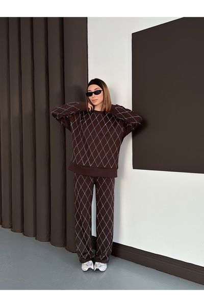 orjinal blue b Women's Casual Diamond Pattern Blouse Elastic Waist Pants Modal Set 3089 60283221