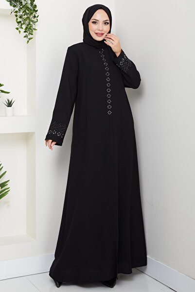 hafsamina Gizli Patlı Çiçek Taşlı Ferace Siyah HM2859