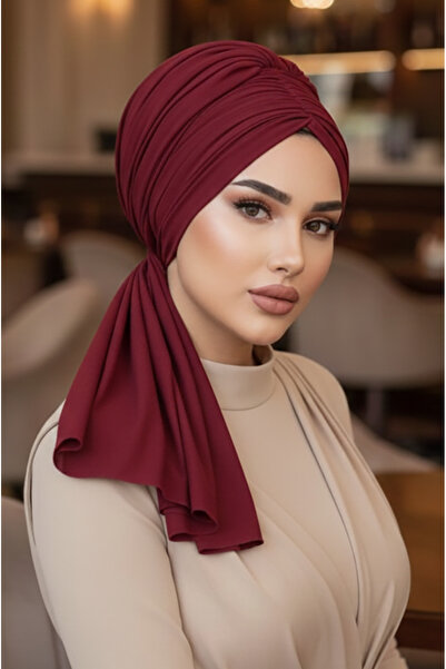 Aişe tesettür Burgundy Buckle Evening Dress Bone Shawl