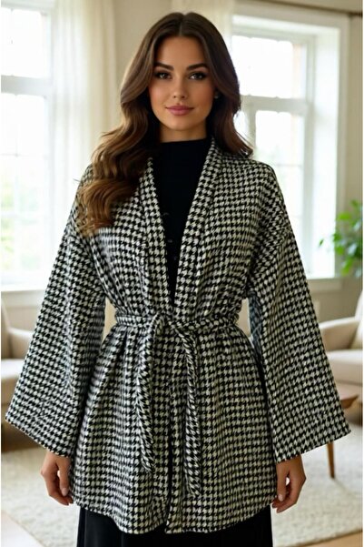 Aişe tesettür Black and White Checkered Houndstooth Pattern Belted Kimono Jacket / Winter Product