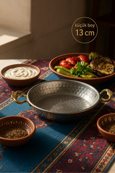 YUNUSOĞLU HOME Steel Authentic Saucepan with Brass Handle, Hand Hammered Pattern, Sauce, Egg and Sausage Pan 13 cm