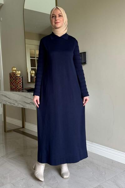 Rabia Şamlı Şölen Scarf Knitwear Dress Navy Blue