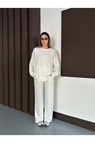 orjinal blue b Women's Casual Diamond Pattern Blouse Elastic Waist Pants Modal Set 3089 60283221