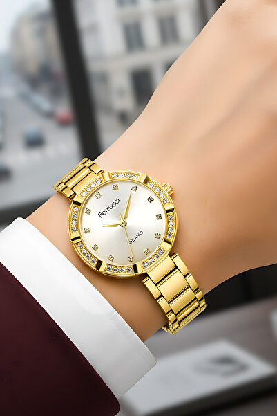 Ferrucci Steel Cord Stone Case Women Wrist Watch Gold Sdfer183