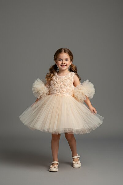 Delfini kids Rochie de petrecere și de zi de naștere din tul cu mâneci cu pompon și imprimeu cu trandafiri