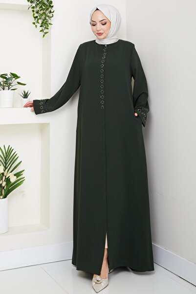 hafsamina Hidden Placket Flower Stone Ferace Khaki Hm2859