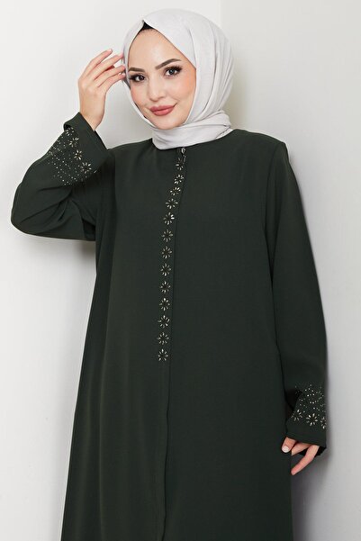 hafsamina Hidden Placket Flower Stone Ferace Khaki Hm2859