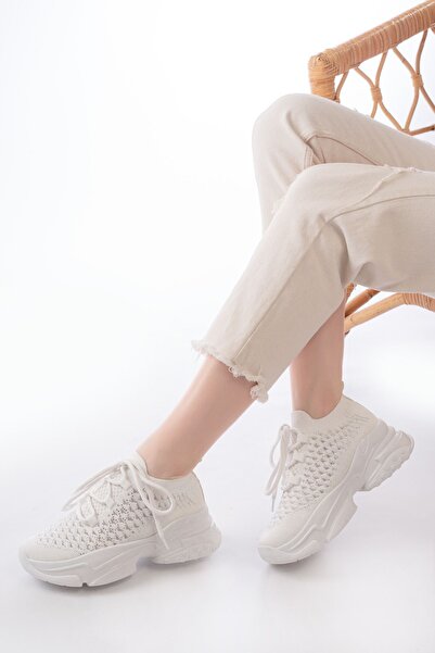 Zerenyus Zri̇n-2024 Premium White Lace-Up Knitwear Stone Women's Sports Shoes