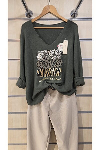 Park Moda Knitwear Sweater Leopard Pattern Stoned
