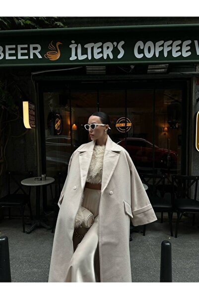 LUJJE Herringbone Pattern Ecru Long Cashmere Coat