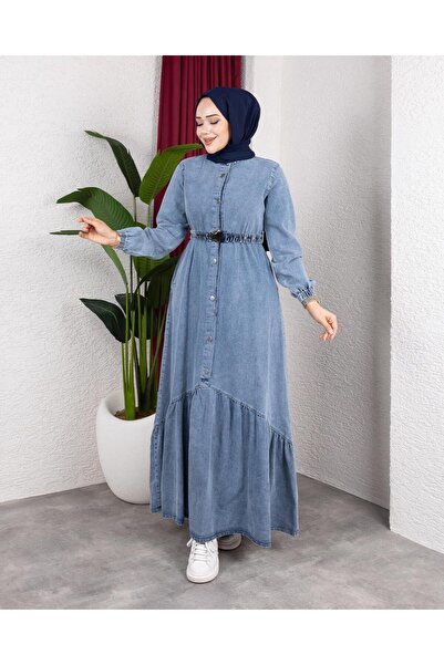 Hb Harma Time Butik Women's Buttoned Belted Denim Jeans Blue Dress