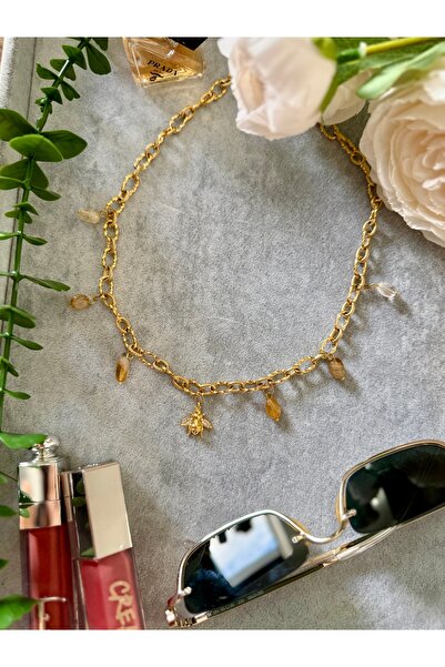 Gigi Doğal Sitrin taşlı Çelik arı figürlü tasarım kolye