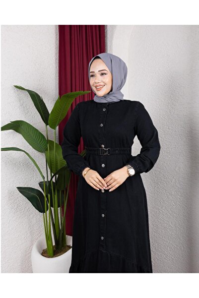 Hb Harma Time Butik Women's Buttoned Belted Denim Black Jeans Dress