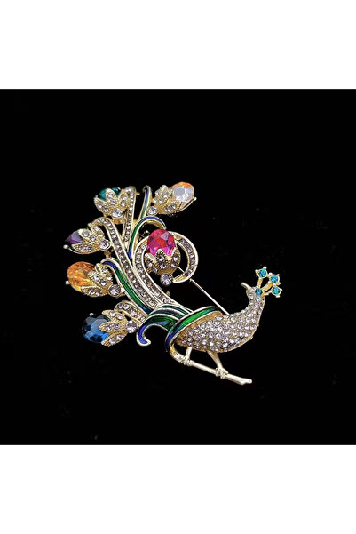begüm jewelery TAVUS KUŞU MODEL KUYRUĞU RENKLİ PARLAK TAŞLARLA İŞLENMİŞ TASARIM BROŞ