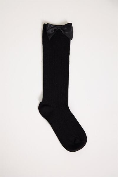 Katia&Bony Satin Bow Detailed Knee Length Kids Basic Socks Black