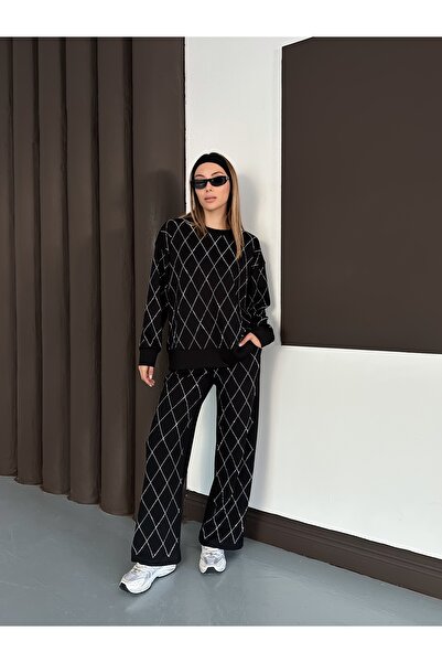 orjinal blue b Women's Casual Diamond Pattern Blouse Elastic Waist Pants Modal Set 3089 60283221