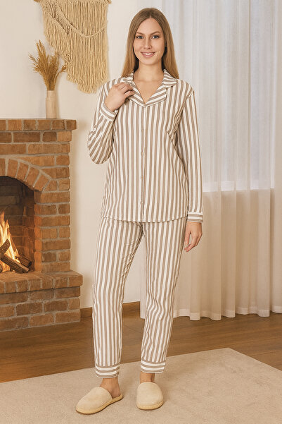 REMSA Women's Striped Pattern Suprem Buttoned Pajama Set 0496 Mink01