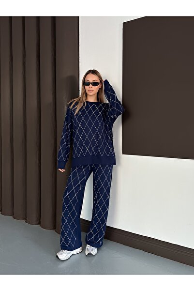 orjinal blue b Women's Casual Diamond Pattern Blouse Elastic Waist Pants Moda...