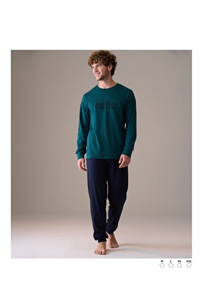PİJAPİA Men's Long Sleeve 100% Cotton Pajama Set Comfortable and Soft Texture Green