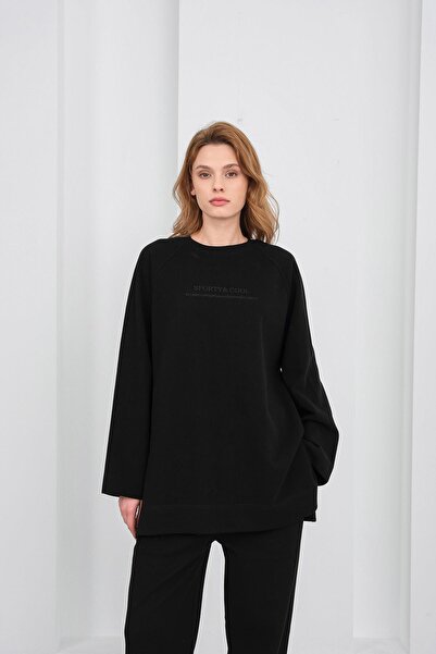 Basicpark Black Women's Embroidery Detailed Oversized Pique Textured Wide Leg Top and Bottom Set