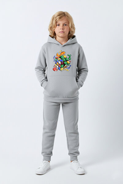 YA KO KİDS 3 İplik Ş Fleece-Lined Boys' Tracksuit Set with Kangaroo Pocket and Intelligence Cube Print Detail