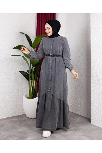 Hb Harma Time Butik Women's Buttoned Belted Denim Dark Gray Jeans Dress