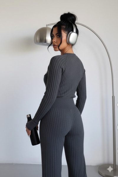 ribana Double Strapped Cycling Collar Striped Patterned Knitwear Tracksuit Set