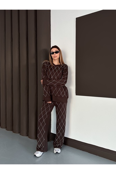 orjinal blue b Women's Casual Diamond Pattern Blouse Elastic Waist Pants Modal Set 3089 60283221