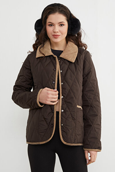 Fulla Moda Velvet Detailed Polo Collar Quilted Coat
