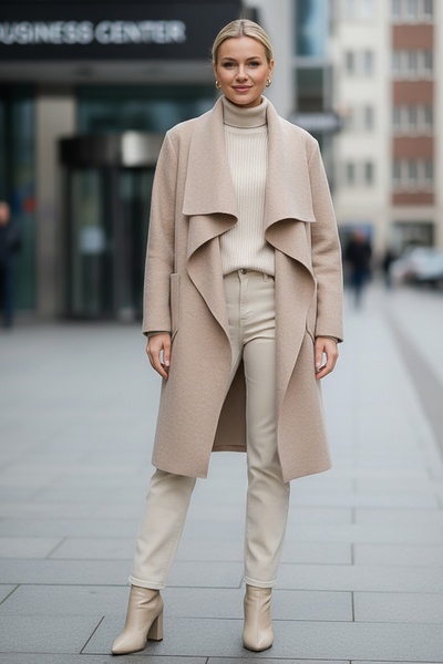 Chiccy İtalyan Bej Şal Yaka Uzun Kol Cepli İnce Kırçıllı Casual Kaşe Oversize Dokuma Ceket 105 65