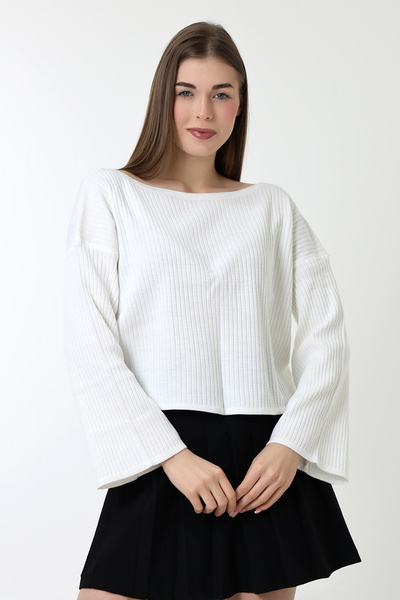 Devinka Γυναικεία λευκή ισπανική μπλούζα με φαρδύ γιακά casual πλεκτό