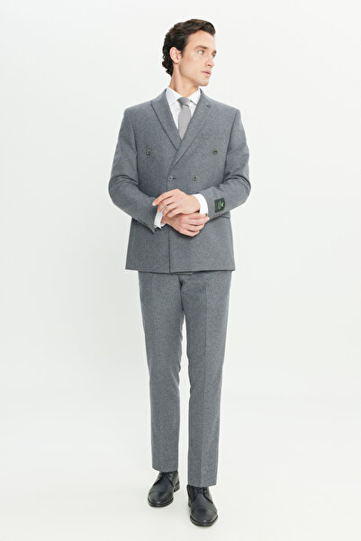 ALTINYILDIZ CLASSICS Men's Gray Wool Slim Fit Slim Fit Swallow Collar Flap Pocket Double-Breasted Suit