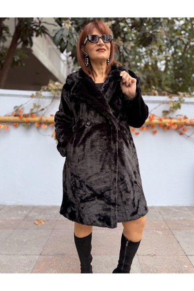 DenizEge Women's Long Faux Fur Coat Black