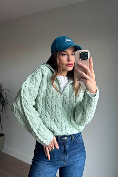 Sue Store Water Green Zippered Hair Knit Sweater