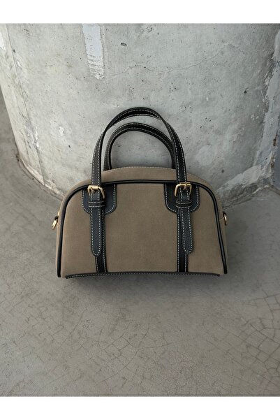 minebag Suede Leather Combination Double Belt Detailed Garne Women's Crossbody Bag Mink