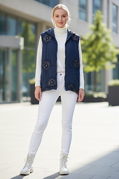 Chiccy Італійський синій капюшон без рукавів на блискавці з кишенями-кенгуру, з паєтками, з капітоне-тканиною, жилет 67 62