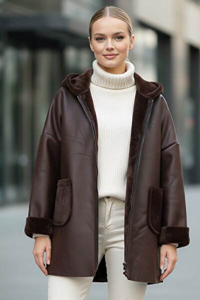 Chiccy Italian Brown K Hooded Long Sleeve Zippered Pocket Faux Leather O Oversized Woven Coat 78 70