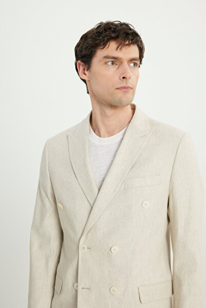 ALTINYILDIZ CLASSICS Men's Beige Linen Slim Fit Slim Fit Swallow Collar Patterned Bag Pocket Double-Breasted Suit