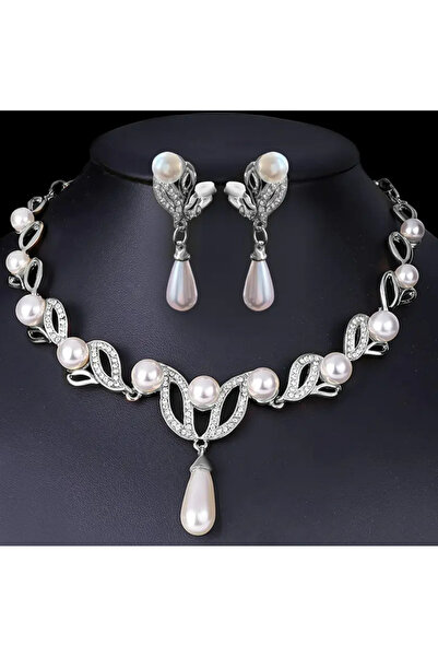 set.up Silver Color Zircon Stone Pearl Design Necklace Earring Set