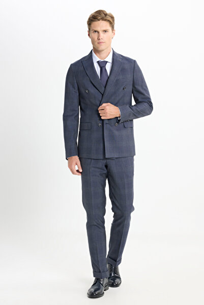 ALTINYILDIZ CLASSICS Men's Navy Blue 100% Wool Slim Fit Slim Fit Swallow Collar Check Double-Breasted Suit