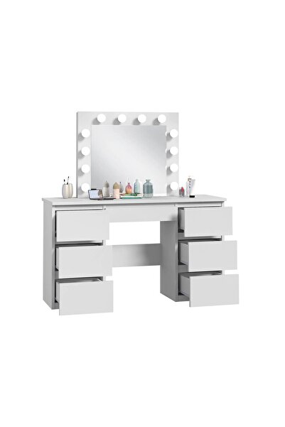Selgot Masă de machiaj/toaletă cu 7 sertare și oglindă LED, albă, dimensiuni 120 x 45 x 140 cm