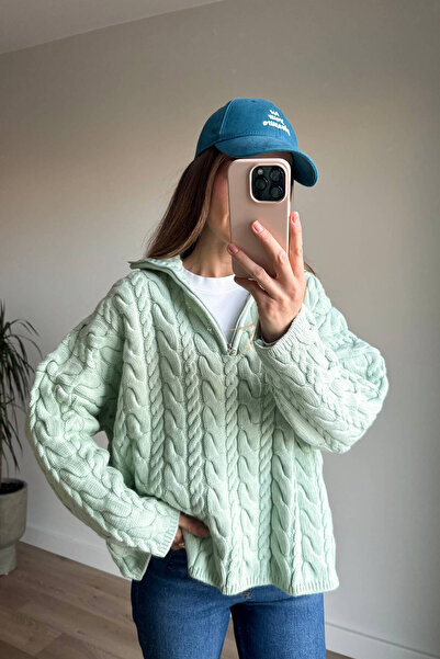 Sue Store Water Green Zippered Hair Knit Sweater
