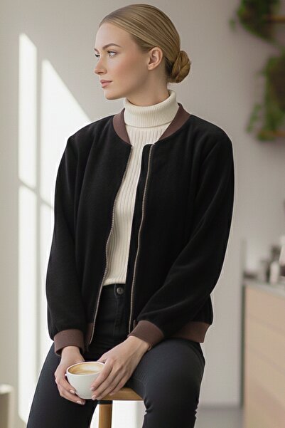 Chiccy Italian Black Bomber Collar Cuffed Sleeves Zippered Without Pockets Without Lining Velvet Woven Bomber Jacket 68 65